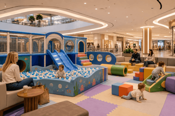 indoor soft play toddler zone with padded equipment, separated age areas and clear parent sight lines.